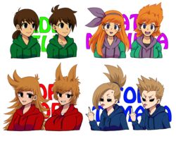  big_breasts black_sclera black_shirt blue_hoodie brown_hair crossover dark_brown_hair edd_(eddsworld) eddsworld ell_(eddsworld) ellsworld ginger_hair gray_eyes gray_shirt green_hoodie green_jacket grey_eyes grey_shirt matilda_(eddsworld) matt_(eddsworld) medium_breasts purple_eyes purple_hoodie red_eyeshadow red_hoodie rule_63 small_breasts smiling smiling_at_viewer tamara_(eddsworld) tom_(eddsworld) tord_(eddsworld) tori_(eddsworld) white_shirt 