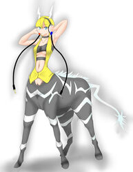  2010 4_legs alternate_species blonde_hair blue_eyes centaur electronics elesa_(pokemon) equid equid_taur equine european_mythology female fusion generation_5_pokemon greek_mythology hair headphones hi_res horn horseshoe humanoid_taur mammal mammal_taur monster_girl_(genre) mythology nintendo pokemon pokemon_(species) pokemon_taur simple_background solo taur taurification taurified zebstrika きゃべつ 