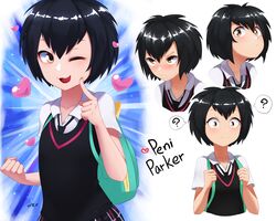  :3 ? backpack bag black_hair black_necktie black_vest blush brown_eyes character_name cheek_poking clenched_hand commentary female heart highres holding_strap looking_at_viewer marvel multiple_views necktie nyxkz one_eye_closed peni_parker poking poking_self shirt short_hair short_sleeves smile spider-man:_into_the_spider-verse spider-man_(series) spider-verse spoken_question_mark upper_body v-shaped_eyebrows vest white_shirt 