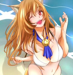  animal_ears artist_request asobi_ni_iku_yo! bangs beach bell belly bikini breasts cat_ears eris_(asobi_ni_iku_yo!) female grin large_breasts long_hair looking_at_viewer navel ocean oerba_yun_fang one_eye_closed open_mouth orange_hair red_eyes smile swimsuit tail tie water wink 