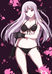  bikini black_bikini braid breasts commentary_request danganronpa:_trigger_happy_havoc danganronpa_(series) female front-tie_top gloves hair_ribbon halterneck highres iga_tomoteru kirigiri_kyoko long_hair medium_breasts navel open_mouth purple_eyes purple_hair ribbon side-tie_bikini_bottom solo sweat swimsuit 