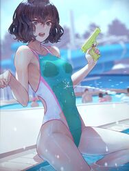  black_eyes black_hair breasts competition_swimsuit female highres holding holding_water_gun kaoming nanjou_ao navel one-piece_swimsuit open_mouth original outdoors poolside see-through short_hair sitting solo_focus swimsuit teeth water water_gun 