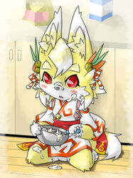  animal_ear_fluff animal_ears animal_feet animal_nose baking barefoot bell blonde_hair blush body_fur bowl breasts commentary_request cooking detached_sleeves female food food_on_face fox_ears fox_girl fox_tail full_body furry furry_female hair_bell hair_ornament holding holding_whisk indoors japanese_clothes jingle_bell kame_(3t) kimono looking_at_viewer mixing mixing_bowl multicolored_hair on_floor open_mouth original red_eyes red_trim rope sash short_hair short_kimono sitting sleeveless sleeveless_kimono small_breasts solo tail thick_eyebrows two-tone_fur two-tone_hair wariza whisk white_fur white_hair white_kimono white_sleeves wooden_floor yellow_fur yhun-chan_(kame_(3t)) 