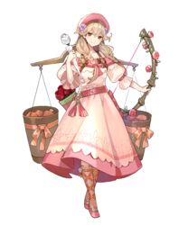  arrow_(projectile) belt bouquet bow_(weapon) braid brown_eyes brown_socks carrying_pole closed_mouth collarbone dress faye_(fire_emblem) faye_(valentine)_(fire_emblem) female fire_emblem fire_emblem_echoes:_shadows_of_valentia fire_emblem_heroes floral_print flower food full_body hat highres holding holding_bow_(weapon) holding_weapon light_brown_hair long_dress long_hair looking_at_viewer low-braided_long_hair low-tied_long_hair official_art pink_dress pink_theme puffy_short_sleeves puffy_sleeves quiver shoes short_sleeves smile socks solo standing tachi-e tobi_(kotetsu) transparent_background twin_braids twintails weapon 