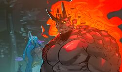  2boys abs absurdres animal_ear_request bara breast_envy character_request colored_sclera commentary dark-skinned_male dark_skin demise_(zelda) demon_boy english_text fiery_hair from_side ganondoodle girl_staring_at_guy&#039;s_chest_(meme) highres horns large_pectorals long_hair looking_at_another looking_down male_focus mature_male meme monster_boy multiple_boys multiple_horns muscle_envy muscular muscular_male nipples no_pupils nude orange_sclera pectorals scales short_hair sideburns sweat symbol-only_commentary the_legend_of_zelda the_legend_of_zelda:_skyward_sword upper_body 