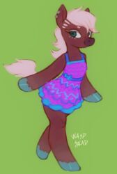  2020 animal_crossing anthro artist_name blonde_hair bow_accessory brown_body brown_fur brown_nose clothed clothing dress ear_piercing equid equine eyelashes female frilly frilly_clothing fur green_background green_eyes hair hoof_hands hooved_hands hooves horse looking_at_viewer mammal nintendo piercing purple_clothing reneigh_(animal_crossing) signature simple_background smile solo standing tail walking waspsalad 