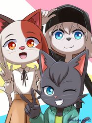  3girls :d absurdres animal_ears baseball_cap black_hair blue_eyes brown_hair cat_ears cat_girl dog_girl furry furry_female grin hat highres ichimura_shiho looking_at_viewer mitsuya_yuki multiple_girls nikaidou_rui odd_taxi one_eye_closed open_mouth simple_background smile tail v w watagashikn whiskers white_hair 