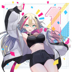  aqua_eyes black_shorts blonde_hair breasts commentary countdown crop_top english_commentary female floating_hair grey_jacket halterneck high-waist_shorts highres jacket large_breasts long_hair mins_(minevi) multicolored_hair open_mouth phase_connect pointing purple_nails red_hair rinkou_ashelia rinkou_ashelia_(1st_costume) shorts smile solo streaked_hair virtual_youtuber 