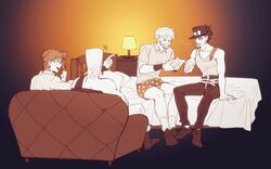  4boys bad_id bad_pixiv_id beard bedroom boxers cigarette couch drink facial_hair hat jean_pierre_polnareff jojo_no_kimyou_na_bouken joseph_joestar joseph_joestar_(old) kakyoin_noriaki kujo_jotaro male_underwear monochrome multiple_boys on_bed pajamas polka_dot_underwear pouring sempon_(doppio_note) sepia shorts sitting stardust_crusaders too_many_cigarettes underwear 