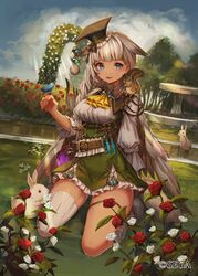  belt bird blue_eyes breasts chipmunk day dutch_angle fangs feathered_wings female hair_flaps hat highres kneeling long_hair looking_at_viewer medium_breasts mortarboard official_art outdoors rabbit shirt single_thighhigh solo squirrel thigh_strap thighhighs white_hair white_shirt white_thighhighs wings wonderland_wars yu-ri_(arium047) 