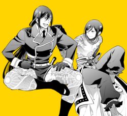  2boys black_gloves black_hair commentary_request cosplay costume_switch crossover gauntlets gloves hair_between_eyes long_hair long_sleeves male_focus military military_uniform monochrome multiple_boys necktie open_mouth pectorals ponytail saida_nika shorts smile tattoo topless_male touken_ranbu uniform very_long_hair yagen_toushirou yagen_toushirou_(cosplay) yan_qing_(fate) yan_qing_(fate)_(cosplay) yellow_theme 