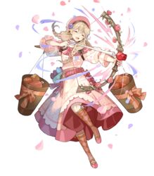  arrow_(projectile) belt blush bow_(weapon) braid brown_eyes brown_socks carrying_pole closed_eyes dress faye_(fire_emblem) faye_(valentine)_(fire_emblem) female fire_emblem fire_emblem_echoes:_shadows_of_valentia fire_emblem_heroes floral_print food full_body hat highres holding holding_bow_(weapon) holding_weapon leg_up light_brown_hair long_dress long_hair low-braided_long_hair low-tied_long_hair official_art open_mouth petals pink_dress pink_theme puffy_short_sleeves puffy_sleeves quiver shoes short_sleeves smile socks solo tobi_(kotetsu) transparent_background twin_braids twintails weapon 