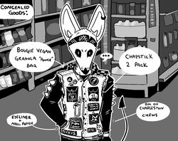  alternative_fashion andromorph_(lore) anthro bandana bat cigarette_box closed_eyes clothing denim denim_clothing denim_jacket denim_topwear denim_vest ear_piercing ear_ring english_text fingerless_gloves gloves greyscale half-closed_eyes handwear jacket kerchief leather leather_clothing leather_jacket leather_topwear male mammal monochrome narrowed_eyes patch_(fabric) piercing punk ring_piercing sins_(sinsquest) sinsquest solo spade_tail store tail text topwear trans_(lore) trans_man_(lore) vest wide_eyed 