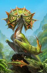  bird brian_valeza claws commentary dragon eastern_dragon email_address english_commentary fallen_tree fantasy highres horns jungle monster mushroom nature no_humans original outdoors plant second-party_source signature tail wings wyvern 