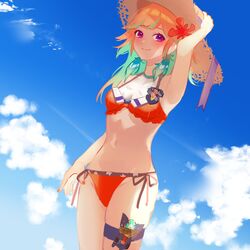  adapted_costume aqua_hair arm_up armpits bikini blush breasts cloud cowboy_shot day earrings feather_earrings feathers female gradient_hair groin halterneck hand_on_headwear hat highres hololive hololive_english holster jewelry long_hair looking_at_viewer medium_breasts multicolored_hair nail_polish navel orange_hair orange_nails outdoors purple_eyes side-tie_bikini_bottom sky smile solo straw_hat sun_hat swimsuit takanashi_kiara takanashi_kiara_(1st_costume) thigh_holster thigh_strap virtual_youtuber yunare 