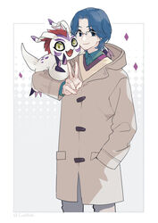  bandai_namco blue_hair claws clothing coat digimon digimon_(species) duo eyewear fur glasses gomamon hair hi_res human joe_kido lanllan long_hair male mammal red_hair topwear white_body white_fur 