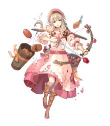  arrow_(projectile) belt bow_(weapon) braid brown_eyes brown_socks carrying_pole collarbone dress faye_(fire_emblem) faye_(valentine)_(fire_emblem) female fire_emblem fire_emblem_echoes:_shadows_of_valentia fire_emblem_heroes floral_print food full_body hat highres holding holding_bow_(weapon) holding_weapon leg_up light_brown_hair long_dress long_hair low-braided_long_hair low-tied_long_hair meat official_art open_mouth pink_dress pink_theme puffy_short_sleeves puffy_sleeves quiver shoes short_sleeves socks solo tobi_(kotetsu) torn_clothes transparent_background twin_braids twintails weapon 