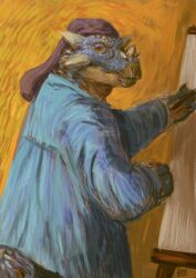  2024 ambiguous_gender ankylosaurian ankylosaurid anthro artist beak blouse blue_body blue_clothing blue_scales brush canvas claws clothing digital_media_(artwork) digital_painting_(artwork) dinosaur dyna_soar dyna_soar_(dyna_soar) easel expressionism facial_horn guide_lines hat headgear headwear hi_res holding_brush holding_object horn impressionist_background left-handed long_hat looking_away looking_back nose_horn orange_background ornithischian phrygian_cap portrait prehistoric_species purple_clothing purple_hat purple_headwear reptile saurian_(disambiguation) scales scalie self_portrait side_view signature simple_background smock solo spikes spikes_(anatomy) standing tail three-quarter_portrait thyreophoran topwear yellow_background 