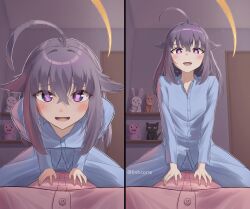  2girls absurdres ahoge artist_name bent_over blonde_hair blue_pajamas blush buttons commentary cowgirl_position door english_commentary female_pov good_morning_my_brother!_(meme) heart heart-shaped_pupils highres incest indoors koshi_anko_(shikanoko) koshi_torako linhcoris lipstick_mark meme multiple_girls pajamas pants pink_pajamas pov pov_breasts purple_eyes purple_hair scene_reference shikanoko_nokonoko_koshitantan siblings sisters straddling stuffed_animal stuffed_cat stuffed_dog stuffed_pig stuffed_rabbit stuffed_toy symbol-shaped_pupils tokidoki_bosotto_roshia-go_de_dereru_tonari_no_alya-san yuri 