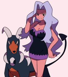  adjusting_hair bare_shoulders barefoot black_dress black_eyes breasts canine cleavage commentary dress female grey_hair grin hand_on_own_hip hand_up horns houndoom karen_(pokemon) long_hair looking_at_viewer medium_breasts parted_bangs pokemon pokemon_(creature) pokemon_gsc red_eyes simple_background sleeveless sleeveless_dress smile tail tyako_089 wavy_hair white_background 