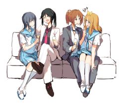  3d6eda 4girls :d ^_^ alcohol black_hair blonde_hair blue_neckerchief blue_sailor_collar blue_skirt blush bow brown_hair champagne champagne_flute closed_eyes couch cup drinking_glass hairbow hand_on_another&#039;s_shoulder hibike!_euphonium highres host kasaki_nozomi kitauji_high_school_uniform long_hair loose_necktie multiple_girls nakagawa_natsuki neckerchief necktie necktie_grab neckwear_grab open_mouth pant_suit pants pleated_skirt ponytail sailor_collar school_uniform serafuku shirt shoes short_sleeves simple_background sitting sitting_on_lap sitting_on_person skirt smile socks suit summer_uniform uwabaki white_background white_shirt white_socks yellow_bow yoroizuka_mizore yoshikawa_yuuko yuri 