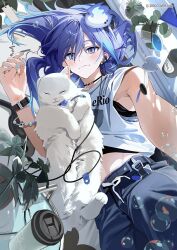  1boy belt bishounen blue_hair blue_nails blush bubble copyright_notice cup disposable_coffee_cup disposable_cup earphones earrings eyelashes feline hair_between_eyes highres hitodama holostars jewelry keki_chogyegi long_hair looking_at_viewer lying male_focus minase_rio multicolored_hair nail_polish official_art on_side pants plant potted_plant purple_eyes purple_hair selfie shirt sleeping slit_pupils smile solo streaked_hair third-party_source virtual_youtuber white_cat wire 