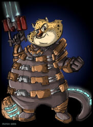  2016 anthro armor benjamin_clawhauser cheetah crossover dead_space disney dutch_(artist) electronic_arts felid feline fist fullbody_suit fur gun headgear helmet holding_gun holding_object holding_ranged_weapon holding_weapon laser laser_gun looking_aside male mammal markings mouth_closed overweight overweight_anthro overweight_male ranged_weapon signature slightly_chubby slightly_chubby_anthro slightly_chubby_male solo spacesuit spots spotted_body spotted_fur standing visceral_games weapon whiskers zootopia 