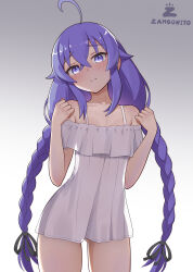  absurdres ahoge artist_name blue_eyes blue_hair blush braid closed_mouth commentary dress female gradient_background grey_background highres long_hair mushoku_tensei off-shoulder_dress off_shoulder roxy_migurdia short_dress simple_background solo standing twin_braids twitter_username very_long_hair white_dress zambonito 