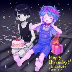  2boys absurdres barefoot basil_(headspace)_(omori) basil_(omori) birthday_cake black_eyes black_hair black_tank_top blood blue_overalls blush box cake candle closed_eyes closed_mouth collarbone colored_skin confetti dated expressionless flower food gift gift_box green_hair green_shirt happy_birthday head_wreath highres holding holding_plate hyaku_(momongamomomo) looking_at_viewer male_focus multiple_boys omori omori_(omori) open_mouth overall_shorts overalls plate seiza shirt short_hair shorts sitting smile spoilers tank_top water white_shorts white_skin 