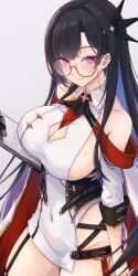  azur_lane bare_shoulders black_gloves black_hair blue_hair blush breasts cleavage cleavage_cutout clipboard clothing_cutout coat collared_dress colored_inner_hair commentary_request covered_navel cowboy_shot dress dupleix_(azur_lane) eyewear_strap female garter_straps glasses gloves hair_ornament highres holding holding_clipboard large_breasts long_hair looking_at_viewer microdress mole mole_on_breast multicolored_hair no_panties parted_bangs purple_eyes round_eyewear semi-rimless_eyewear sideboob simple_background single_garter_strap single_glove sleeveless sleeveless_dress smile solo thighs two-sided_coat two-sided_fabric very_long_hair waa!_okami white_background white_coat white_dress yellow-framed_eyewear 