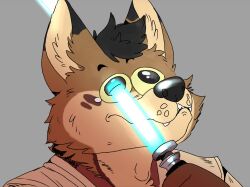  adam&#039;s_apple anthro black_tuft blue_lightsaber bodily_fluids brown_markings canid canine canis dialated_pupils disney ear_tuft eye_injury facial_markings facial_tuft hand_on_object hand_on_weapon head_markings head_tuft hi_res jedi_tunic lightsaber lucasfilm male mammal markings matte_wolf melee_weapon solo star_wars tears technocaster teeth tuft weapon whisker_spots wolf wounded yellow_sclera 