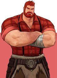  1boy bandaged_arm bandages bara beard collared_shirt cowboy_shot crossed_arms dopey_(dopq) facial_hair frown full_beard hairy highres large_pectorals logan_(lustful_desires) looking_at_viewer lustful_desires male_focus mature_male muscular muscular_male pants pectoral_cleavage pectorals shirt short_hair solo sparse_chest_hair standing thick_arm_hair thick_arms thick_beard thick_eyebrows 