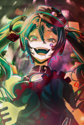  absurdres aqua_eyes aqua_hair blurry cd colored_eyelashes commentary_request crazy_eyes cuffs daysandayo depth_of_field dress drooling facial_tattoo factory_tyrant_(module) fangs female fork from_below gears gloves green_gloves handcuffs hatsune_miku heart heart-shaped_pupils highres holding holding_fork holding_knife knife long_hair looking_at_viewer multicolored_eyes musical_note-shaped_pupils open_mouth project_diva_(series) red_eyes ringed_eyes sadistic_music_factory_(vocaloid) sharp_teeth shoulder_tattoo sign sleeveless sleeveless_dress solo symbol-shaped_pupils tattoo teeth tongue twintails very_long_hair vocaloid warning_sign 