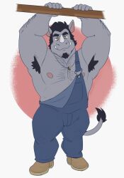  1boy armpit_hair armpits bara black_hair blue_overalls facial_hair full_body goatee grey_fur hairy horns huge_eyebrows kiba2412 looking_at_viewer lustful_desires male_focus mature_male muscular muscular_male overalls plump rhino_boy richard_(lustful_desires) second-party_source solo sparse_chest_hair standing thick_thighs thighs 