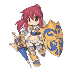  armor armored_boots bikini_armor black_thighhighs boots breasts chibi chibi_only cross cross_of_prontera female full_body gauntlets grin hair_between_eyes high_ponytail holding holding_polearm holding_shield holding_weapon lance leg_armor long_hair looking_at_viewer medium_bangs medium_breasts navel official_art pauldrons polearm ragnarok_online red_eyes red_hair royal_guard_(ragnarok_online) shield shoulder_armor simple_background smile solo thighhighs transparent_background two-headed_eagle v-shaped_eyebrows weapon yuichirou 