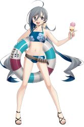  ahoge ammunition_belt belt bikini blue_bikini brown_belt feet female flat_chest floral_print food fujikawa full_body grey_eyes grey_hair hair_between_eyes hair_bun hand_on_own_hip ice_cream ice_cream_cone innertube kantai_collection kiyoshimo_(kancolle) kiyoshimo_kai_ni_(kancolle) kiyoshimo_kai_ni_(swimsuit_mode)_(kancolle) legs long_hair low_twintails official_art sandals solo standing swim_ring swimsuit tachi-e third-party_source toeless_footwear toes transparent_background twintails utility_belt very_long_hair 