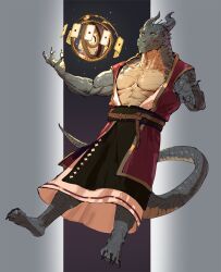  5_fingers abs anthro belt claws clothed clothing dragonborn_(dnd) dungeons_and_dragons fingers hasbro hi_res horn kemono magic_user male open_clothing open_robe pacelic pecs robe scalie smile solo tail wizards_of_the_coast 