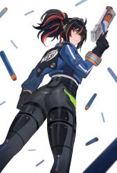  ass black_gloves black_pants blue_jacket clothes_writing english_commentary feet_out_of_frame female gloves gun highres holding holding_gun holding_weapon jacket jourd4n leggings long_sleeves nerf_gun pants revision simple_background solo standing weapon white_background zenless_zone_zero zhu_yuan 