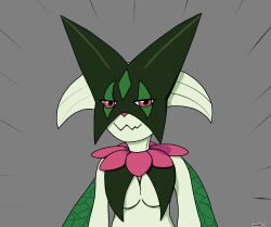  absurd_res breasts female generation_9_pokemon green_body grey_background hi_res light_body looking_at_viewer mask meowscarada nintendo pokemon pokemon_(species) quake-1 red_eyes simple_background smug smug_grin solo 