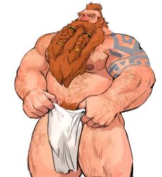  1boy bara beard beard_over_mouth belly blush braid braided_beard bulge dopey_(dopq) dulrig_(lustful_desires) dwarf facial_hair full_beard hairy highres large_hands large_pectorals long_beard looking_at_viewer lustful_desires male_focus mature_male moustache muscular muscular_male navel_hair nipples orange_hair pectorals plump solo standing strongman_waist thick_arm_hair thick_arms thick_beard thick_chest_hair thick_eyebrows thick_mustache thick_navel_hair thick_thighs thighs topless_male towel very_long_beard wrinkled_skin 