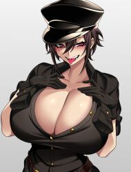  :p absurdres black_hair breast_pocket breasts buttons cleavage female gloves hand_on_own_chest hat hat_over_one_eye highres huge_breasts hz_(666v) impossible_clothes impossible_shirt large_breasts looking_at_viewer midriff original pink_eyes pocket shirt short_hair short_sleeves shorts simple_background smile solo stomach tongue tongue_out upper_body white_background zepia_(camui_kamui) 