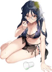  akasaka_yuzu bikini black_bikini black_hair black_sarong breasts burnt_clothes cleavage cooler cup drink drinking_glass female full_body glasses heian_maru_(kancolle) heian_maru_(swimsuit_mode)_(kancolle) kantai_collection long_hair medium_breasts official_alternate_costume official_art round_eyewear sarong side-tie_bikini_bottom sitting smile solo spill swimsuit third-party_source two-tone_bikini untied_bikini yokozuwari 