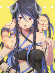  :o animal_on_shoulder bandeau belt black_bandeau black_belt black_hair blue_belt blue_hair botan_(oacdrykafjf3g3d) breasts brown_eyes cat_on_shoulder chest_belt cleavage collarbone commentary curled_horns demon_girl demon_horns feline female grey_horns hair_between_eyes hebiyoi_tier hebiyoi_tier_(1st_costume) highres horns long_hair looking_at_viewer multicolored_hair nanashi_inc. open_mouth pointy_ears sidelocks simple_background solo two-tone_hair upper_body virtual_youtuber yellow_background 