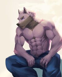  2018 abs anthro biceps bottomwear bozi canid canine canis clothed clothing digital_media_(artwork) fur hi_res male mammal muscular muscular_anthro muscular_male pants pecs solo topless wolf 