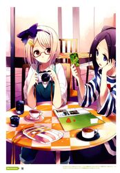  blonde_hair blue_eyes bow brown_eyes camera chair hairband hairbow hairclip megane pants photo_album picture purple_hair shirt short_hair sitting table tea teacup white_hair 