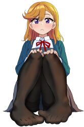  absurdres black_pantyhose blue_jacket blush closed_mouth collared_shirt commentary_request dress ereka feet female foot_focus frown grey_dress hands_on_own_knees highres jacket knees_up long_sleeves looking_at_viewer love_live! love_live!_superstar!! medium_hair neck_ribbon open_clothes open_jacket orange_hair pantyhose pinafore_dress purple_eyes raised_eyebrow red_ribbon ribbon school_uniform shibuya_kanon shirt sitting sleeveless sleeveless_dress solo straight-on white_background white_shirt winter_uniform yuigaoka_school_uniform 