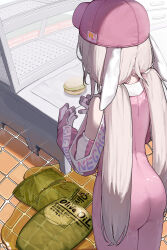  absurdres animal_ears baseball_cap bodysuit burger clothing_cutout cowboy_shot dduck_kong fake_animal_ears female food gloves grey_hair hat highres long_hair long_sleeves low_twintails olive_oil original pink_bodysuit pink_gloves pink_hat puddle rabbit_ears shoulder_cutout solo super_bunny_(dduck_kong) tile_floor tiles twintails very_long_hair 