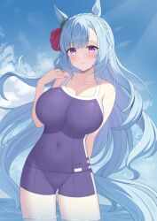  absurdres animal_ears blue_hair blue_one-piece_swimsuit blue_sky breasts commission day highres horse_ears horse_girl horse_tail kurumi_lm large_breasts long_hair looking_at_viewer mejiro_ardan_(umamusume) ocean one-piece_swimsuit outdoors partially_submerged pixiv_commission purple_eyes school_swimsuit sky solo standing swimsuit tail tracen_swimsuit umamusume 