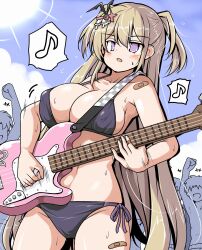  +++ bandaid bare_shoulders bikini blonde_hair blush breasts character_request cheering cleavage epic_seven female guitar hair_ornament hairclip instrument large_breasts long_hair music musical_note navel open_mouth outdoors playing_instrument purple_eyes side-tie_bikini_bottom spoken_musical_note sun swimsuit tsuzuri_(tuzuri) two_side_up 