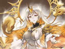  blonde_hair breasts colored_inner_hair commentary covered_navel detached_sleeves english_commentary facial_mark female fire_emblem fire_emblem_heroes floating_hair grey_hair grimaisbestwaifu gullveig_(fire_emblem) horns large_breasts long_hair looking_at_viewer multicolored_hair pale_skin parted_bangs reaching reaching_towards_viewer signature single_horn snake snake_hair solo two-tone_hair very_long_hair wide_sleeves yellow_eyes yellow_horns 